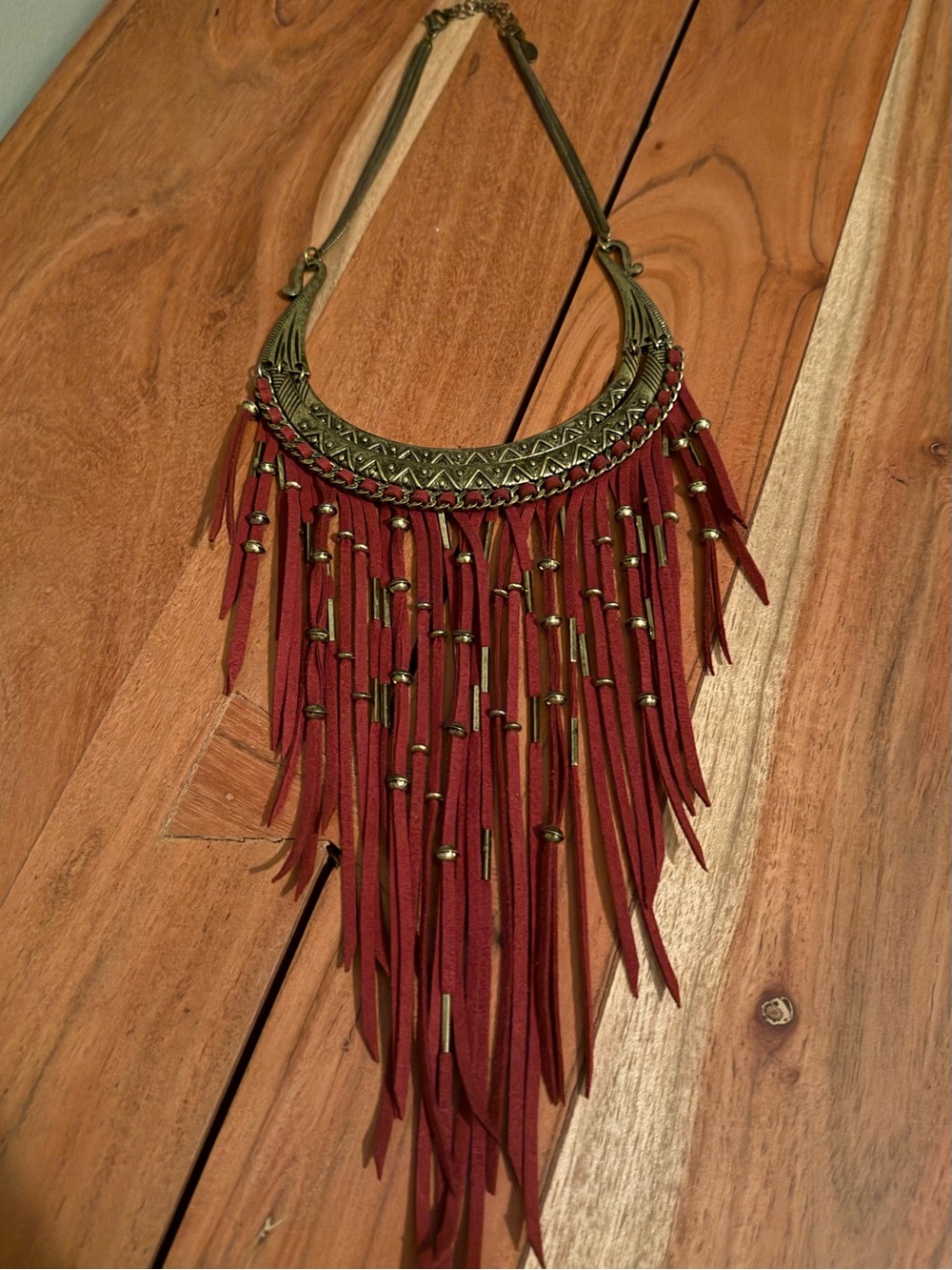 VINTAGE RARE Free People Bohemian Suede Fringe Statement Necklace - Brass Accent